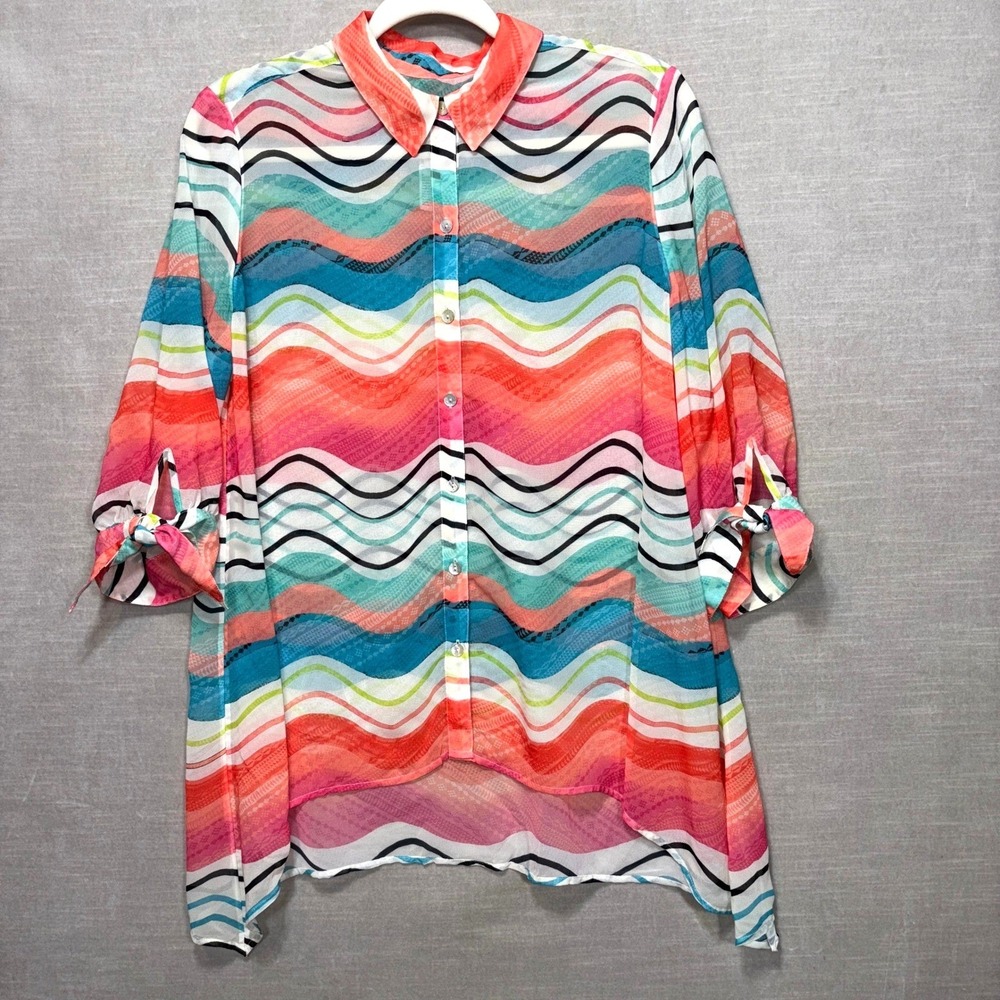 Chico's Wave Print Button Down Shirt Womens 1P Sheer Coastal